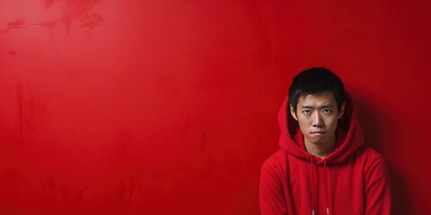 Red background sad asian man realistic person portrait of young teenage beautiful bad mood expression boy Isolated on Background depression anxiety fear burn out