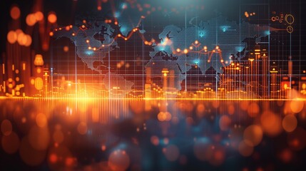 A stock market graph with a world map in a blurred background, using an orange and blue color theme, depicting digital financial charts in the style of business data visualization. Generative AI.