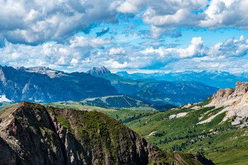 Nearest Sief, Peitllerkofel and Zillertal Alps from Col di Lana mountain peak in the Dolomites