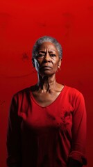 Red background sad black american independant powerful Woman realistic person portrait of older mid aged person beautiful bad mood expression 