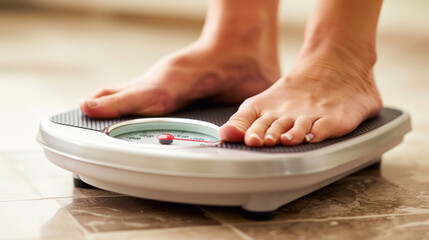 Weight loss idea featuring a person weighing themselves on a scale that displays kilograms.