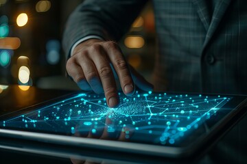 Person using tablet with glowing network