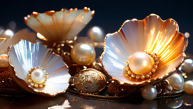 A close-up photo capturing the intricate sparkle of pearls and gold jewelry.