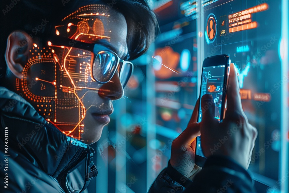 Wall mural man in glasses using smartphone with futuristic interface
