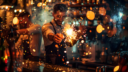 Bartenders with sparklers at nightclub