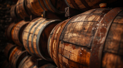 Whiskey aging in an oak barrel at a traditional distillery.