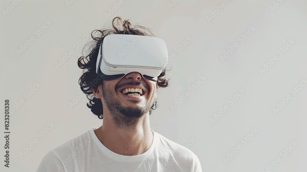 Poster a man in a white t-shirt donning a pair of glasses with a futuristic design, exuding joy and fascina