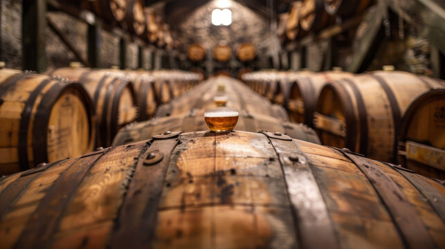 Whiskey aging in an oak barrel at a traditional distillery.
