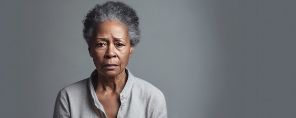 Silver background sad black american independant powerful Woman realistic person portrait of older...