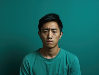 Teal background sad asian man realistic person portrait of young teenage beautiful bad mood expression boy Isolated on Background depression anxiety fear burn out