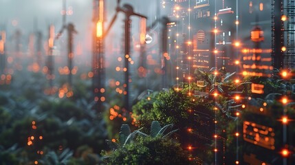 An imaginative scene of a forest with digital elements integrated into the natural environment, representing the fusion of nature and technology.