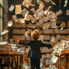  Boy throwing papers in the air in the office.