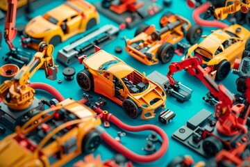 Colorful car assembly factory in model style