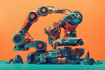 Robot arm in colorful car factory