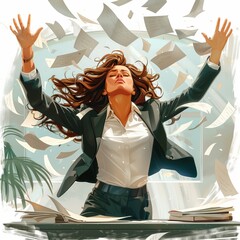 Illustration of a woman in the office throwing papers in the air.