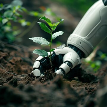 Robot planting a tree seedling.