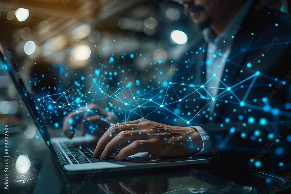 Wall mural Person typing on laptop with network of dots