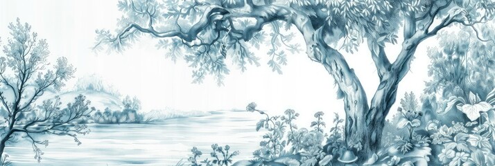 Vintage Blue and White Porcelain Landscape Panorama