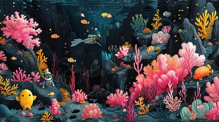 Wallpaper Illustration, Black and Pink Snorkeling Adventure: A whimsical drawing of cute characters snorkeling in a black ocean with pink coral reefs and colorful fish. Illustration image,