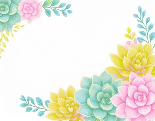 Sweet green and pink succulent plant arrangement frame border on white background, element for wedding invitation card decoration ,water color