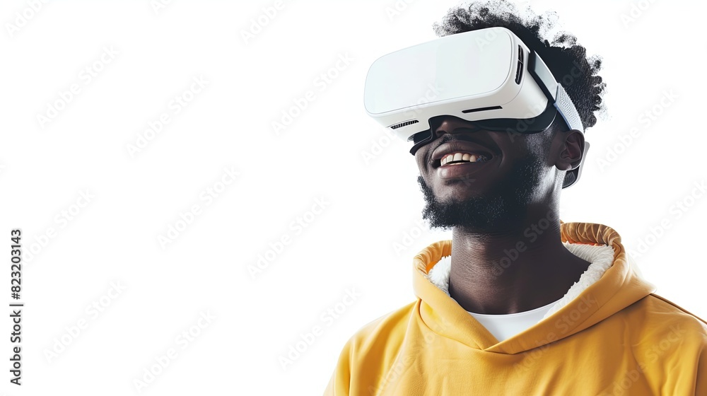 Poster a man wearing a yellow hoodie smiles while experiencing virtual reality through white goggles. gener