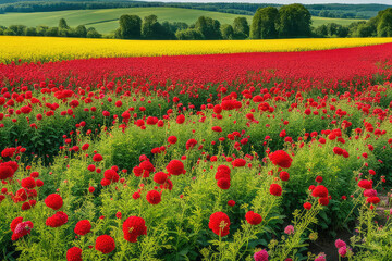 Red flower blooming in June. Colorful summer view of field of blossom colza. Amazing morning scene of countryside. Beauty of nature concept background.
