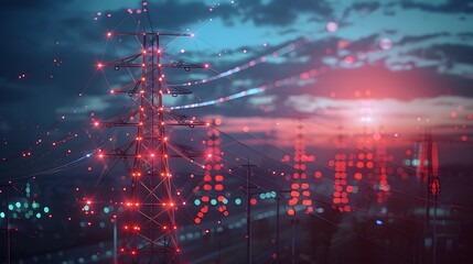 A vibrant depiction of an electric city at night with power lines and digital elements, symbolizing the dynamic energy and technological advancements of urban infrastructure.