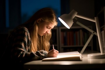 girl (12-13) doing homework at night on a desk lit by a lamp
