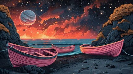 Wallpaper Illustration, Black Sand Beach with Pink Boats: An illustration of cute pink boats docked on a black sand beach, with a backdrop of a starry sky and distant planets. Illustration image,