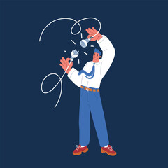 Cartoon vector illustration of Disconnected business, broken communication, 404 or disconnect from social media distraction or monitor screen, young man pull electric socket plug over dark background
