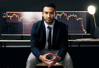 Portrait, business man and computer with stock market update for financial investment, research and...