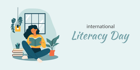 Naklejka premium Woman reading book while sitting flat style . Landing page international literacy day concept. Vector illustration horizontal banner template for school, university, online education, courses