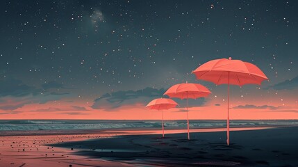 Wallpaper Illustration, Black Sand Beach with Pink Boats: An illustration of cute pink boats docked on a black sand beach, with a backdrop of a starry sky and distant planets. Illustration image,