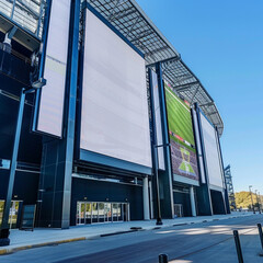 Sports stadium setting energized by compact vertical blank billboards on game day.