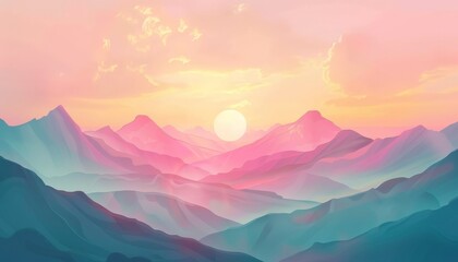 The image is a beautiful landscape painting in a soft, pastel color palette
