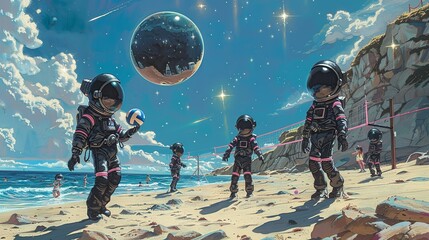 Obraz premium Wallpaper Illustration, Cute Astronauts at the Beach: A whimsical drawing of cute astronauts having a beach day, with black and pink space suits, playing volleyball under a starry sky. Illustration
