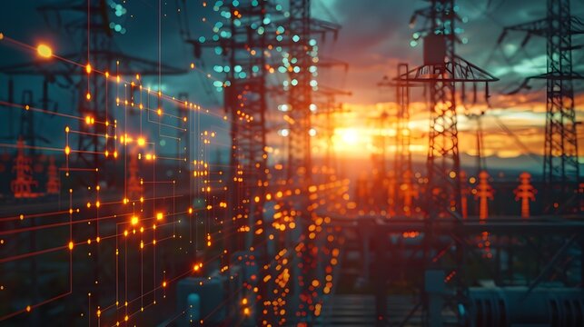 Abstract image of electric power lines with bokeh lights at night, creating a visually striking representation of energy and technology.