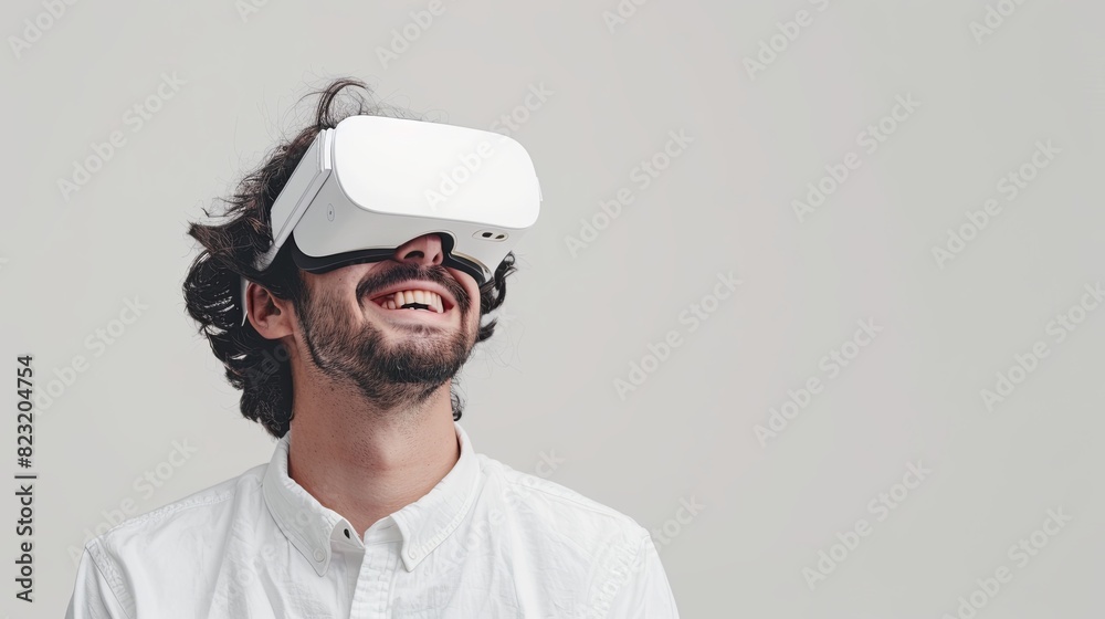 Poster a man joyfully explores a virtual reality world through white goggles on a flat white background. ge