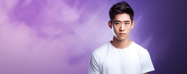 Violet background sad asian man realistic person portrait of young teenage beautiful bad mood expression boy Isolated on Background depression anxiety fear burn