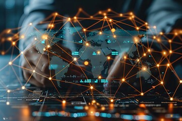 Obraz premium Person typing laptop world map background