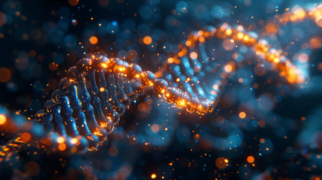 A vivid representation of a DNA strand illuminated by glowing particles, floating in a cosmic-like environment, capturing the essence of life’s building blocks