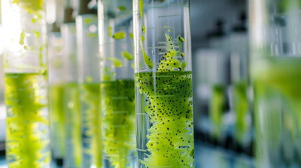 A mesmerizing row of test tubes filled with vibrant green liquid, each glowing with an otherworldly luminosity against a dark backdrop