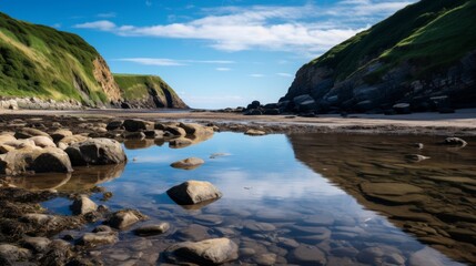 Serene coastal bay, calm waters.
