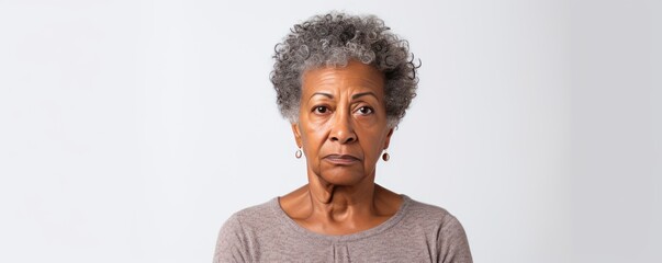 White background sad black american independant powerful Woman realistic person portrait of older mid aged person beautiful bad mood expression Isolated on Background racism