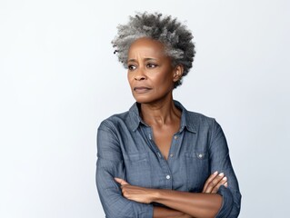 White background sad black american independant powerful Woman realistic person portrait of older mid aged person beautiful bad mood expression Isolated on Background racism