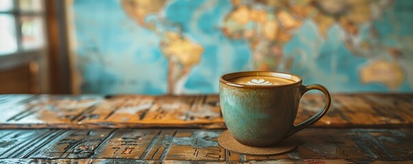 Cozy coffee cup on rustic wooden table with world map backdrop. Inviting ambiance perfect for travel enthusiasts and coffee lovers alike.