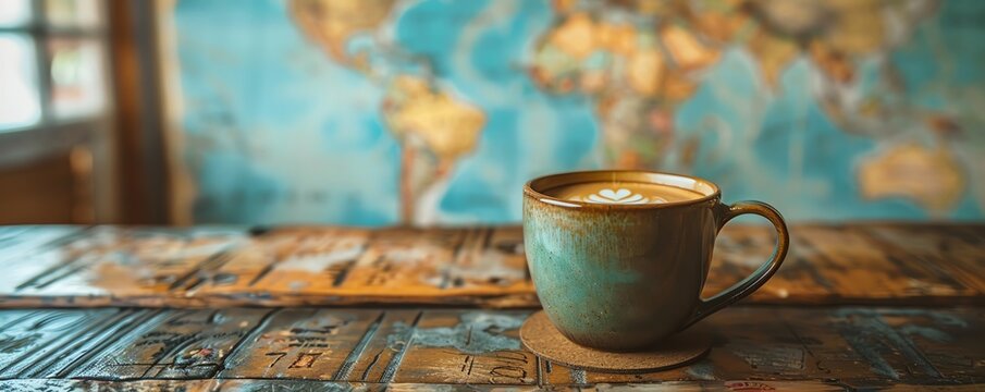Cozy coffee cup on rustic wooden table with world map backdrop. Inviting ambiance perfect for travel enthusiasts and coffee lovers alike.