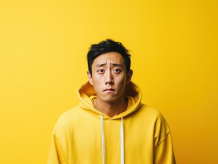 Yellow background sad asian man realistic person portrait of young teenage beautiful bad mood expression boy Isolated on Background depression anxiety fear burn