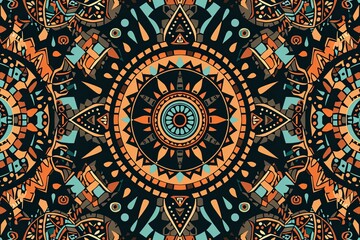 A seamless pattern with a digital illustration of tribal patterns, their vibrant colors and intricate designs creating an exotic atmosphere.