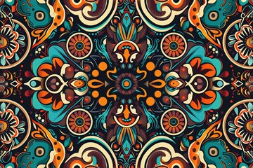 Fototapeta premium A seamless pattern with a digital illustration of tribal patterns, their vibrant colors and intricate designs creating an exotic atmosphere.
